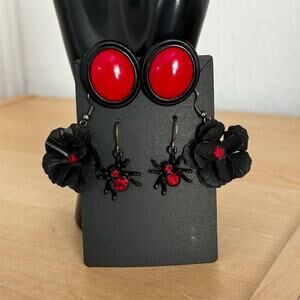 Black Widow Spider Flower Dangle Stud Earrings Set Red Gemstone Halloween Gothic
